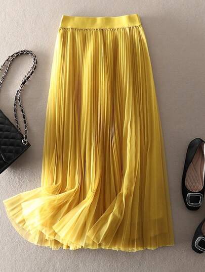 LuminousWealth Women's Elegant Pleated Mesh A-Line Skirt, Suitable For Casual Or Office Wear, Minimalist & Graceful | Polyester Mesh Skirt, Suitable For All Seasons, Great For New Year, Parties