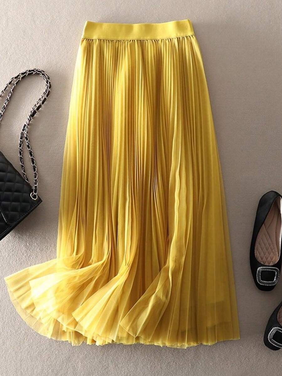 LuminousWealth 女士优雅褶裥网纱 A 字裙，适合休闲或办公场合穿着，简约优雅 | 涤纶网纱裙，四季皆宜，非常适合新年、派对和春季穿着 - 黃色 - 查看 1
