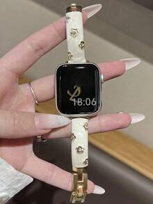 1pc Gold Floral Inlaid Metal Bracelet Watch Band, Women's Plum Blossom Ceramic Watch Band, Compatible With Apple Watch Series Ultra 3/2/1, SE, 11, 10, 9, 8, 7, 6, 5, 4, 3, 2, 1, Size 38/40/41/42/44/45/46/49mm, Smart Watch Accessory, Gold Band - Platinum - View 4