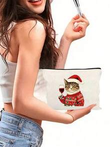 Cute Christmas Cat Holding A Red Wine Cosmetic Bag - A Cat Wearing A Christmas Hat And A Flowery Coat, A Multifunctional Storage Bag With Exquisite Printing And Unique Design, Suitable For Digital Bags, Hairdressing Bags, Swimming Bags,Bedroom Room Decor,Back To School - Multicolor - View 3