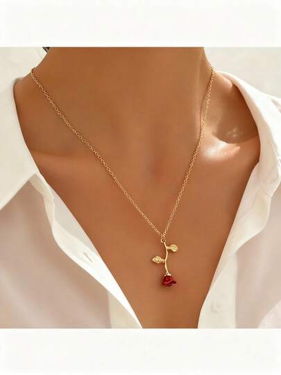 1pc Bestselling Romantic Valentine's Rose Flower Necklace, 3D Floral Pendant Choker Necklace, Gift For Girlfriend