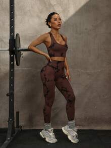 UONNOU Two Pieces Women's Sports Bra And Leggings With Seamless Tie-Dye Back Design, Featuring Lift, Shock Absorption And Hip-Lifting Effects, For Outdoor, Yoga And Daily Wear, All-Season Use. - Brown - View 6
