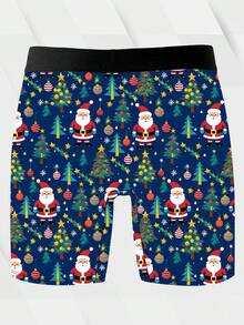 Naughty And Cute Home Leisure Men's Long Boxer Briefs, Milk Silk Knitted Fabric, Soft And Skin-Friendly, Quick-Drying And Breathable, Santa Claus Pattern Print, 1 Pack Of Men's Novelty Shorts