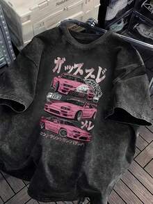 1PcStreet  Style  Men's Fashion T-Shirt With Creative Pattern Printing, High-Quality Heavy-Weight Washed Men's T-Shirt, Vintage Distressed Men's Top, Round Neck Loose Big Size Men's Short Sleeve, Soft, Comfortable And Breathable. Graphic Tee Shirt - 黑色 - 查看 7