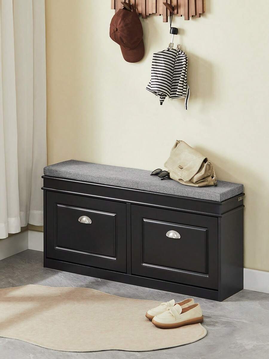 SoBuy 门厅鞋凳鞋架鞋柜带座垫和 2 个翻盖抽屉黑色宽 104 x 深 24 x 高 52 厘米 FSR64-SCH