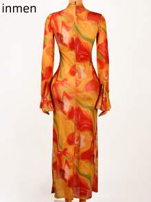 夏季性感复古印花修身网眼透视超长连衣裙圆领喇叭袖拉链收腰长裙女 - 橘色 - 查看 4