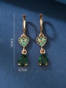 1 Pair 18K Gold Plated Copper Zirconia Heart & Green Water Drop Fashion Earrings, Suitable For Women's Daily Wear, Gift For Birthday Or Holiday - Yellow Gold - View 3