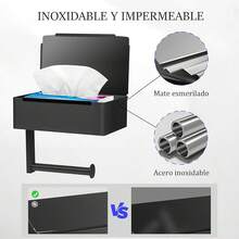 GALASALA Porta Rollos Papel de Baño de Acero Inoxidable SUS304, Soporte con Recipiente de Almacenamiento y Dos Ganchos Adicionales, sin Necesidad de Taladro, Fácil Instalación - Plata - Negro - Ver 9