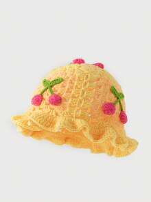 1 件女士手工钩针樱桃针织渔夫帽，温暖且适合秋冬季日常穿着 - F - 查看 5