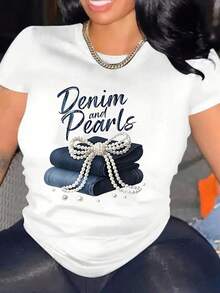 Oversized Women's Casual T-Shirt With Denim And Pearls Graphic Print - Perfect For Everyday Wear, Comfortable Fit, Women's Printed T-Shirt - 白色 - 查看 1