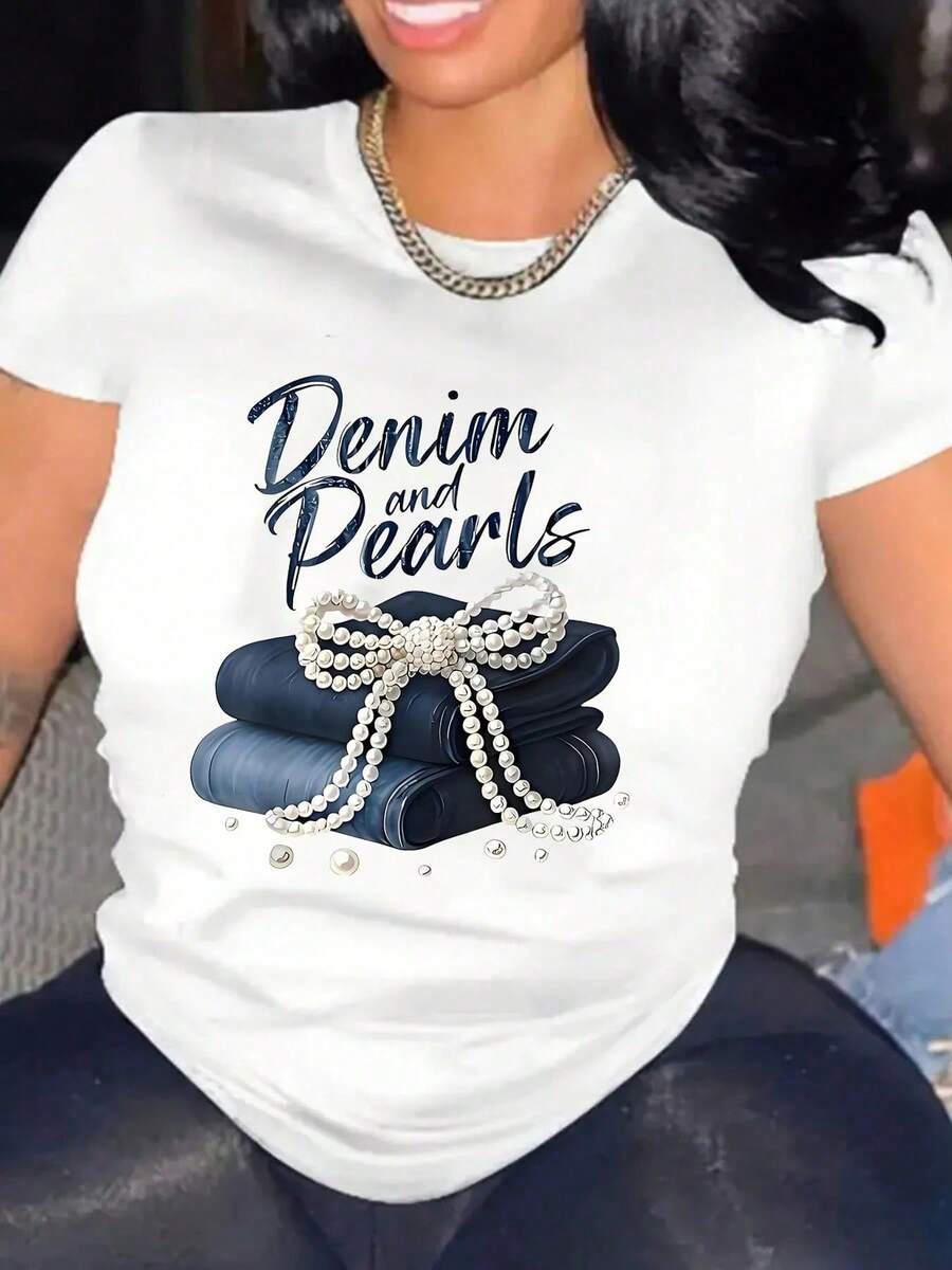 Oversized Women's Casual T-Shirt With Denim And Pearls Graphic Print - Perfect For Everyday Wear, Comfortable Fit, Women's Printed T-Shirt - 白色 - 查看 1