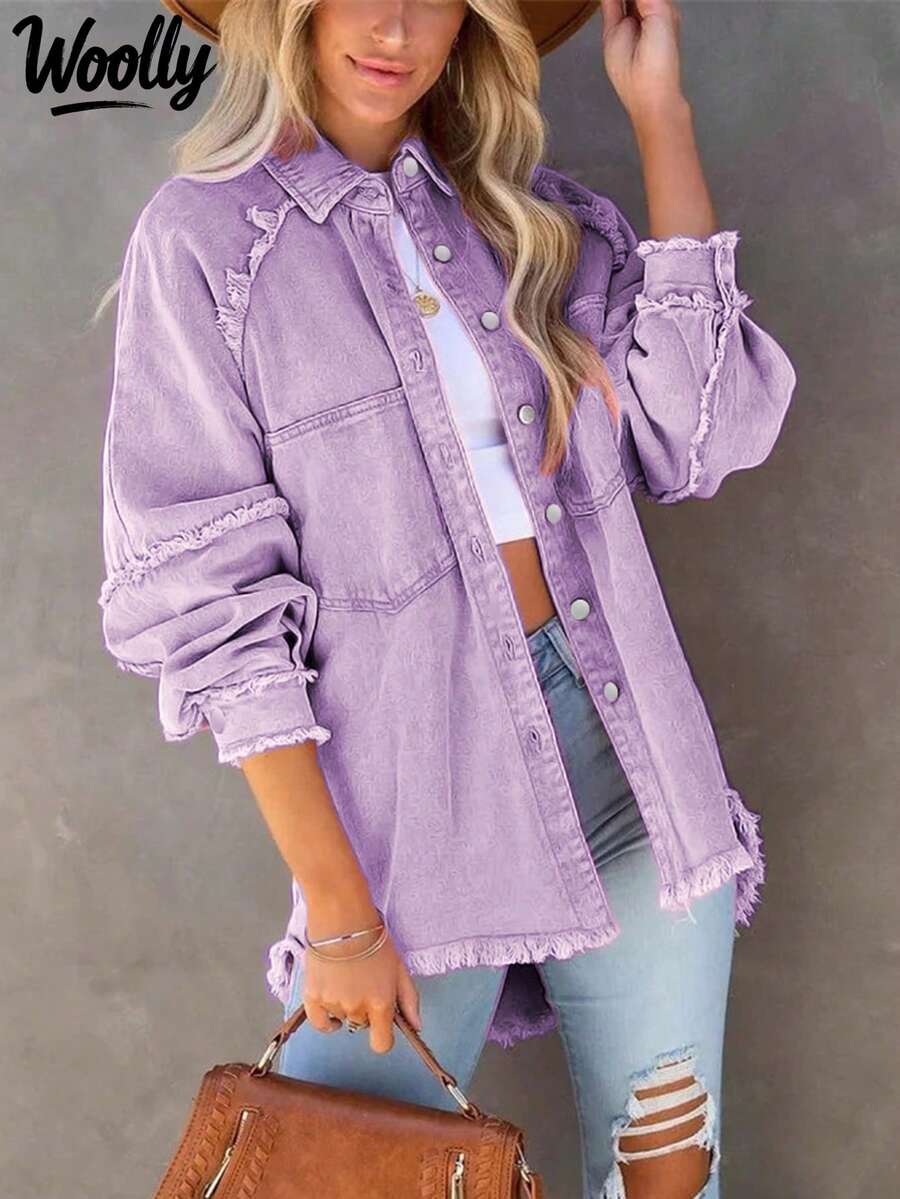 Frayed Hem Fashionable Loose Solid Color Denim Jacket Casual Spring