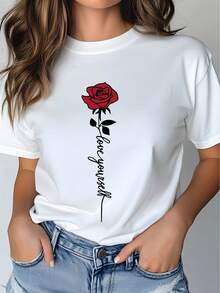 1 Women's Casual Short Sleeve T-Shirt With Red Rose Print, 100% Thick Cotton - Comfortable Round Neck, Soft And Pretty T-Shirt, 180g 100% Cotton. - 白色 - 查看 9