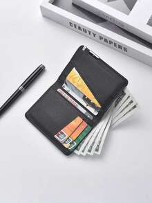 1pc Customized Men's Short Wallet, Can Be Customized With Name/Text/Short Leather Wallet With Metal Edge, Cross-Grain Men's Multi-Card Wallet, Personalized Men's Wallet, PU Minimalist Multi-Slot Wallet, Customized Men's Wallet, PU Faux Leather Wallet, Made Of PU Material, Hot Stamping Craft, Personalized Gift, Personalized Gift For Brother, Father, Boyfriend, Suitable For Anniversary, Gift For Men - 彩色 - 查看 4