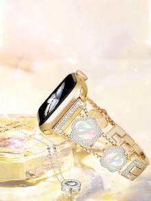1pc Compatible With Apple Watch Band Watch Strap Women, Black Five Leaf Clover Diamond Golden Copper Strap, Summer Flowers Metal Bracelet,Compatible With Apple Watch 38/40/41/42/44/45/46/49 Mm, Compatible With Apple Watches Series Ultra3/2/1/Se/10/9/8/7/6/5 4/3/2/1, Ms Old Money Wind High Fashion Accessories - bạch kim - Xem 5