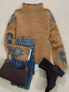 秋冬时尚休闲舒适保暖杏色花朵图案针织高领长袖宽松毛衣套头衫