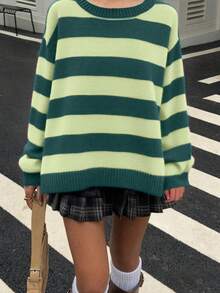 秋季女式条纹宽松套头毛衣，圆领，落肩设计，宽松版型，复古风，韩式休闲，舒适易穿，适合返校季、圣诞节、新年、情人节等场合。 - 綠色 - 查看 3