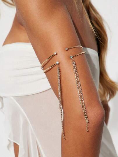 1pc Fashionable Double-Layer Metal Arm Cuff Bracelet For Women, Rhinestone Tassel Chain Arm Jewelry, Party Accessory Gift