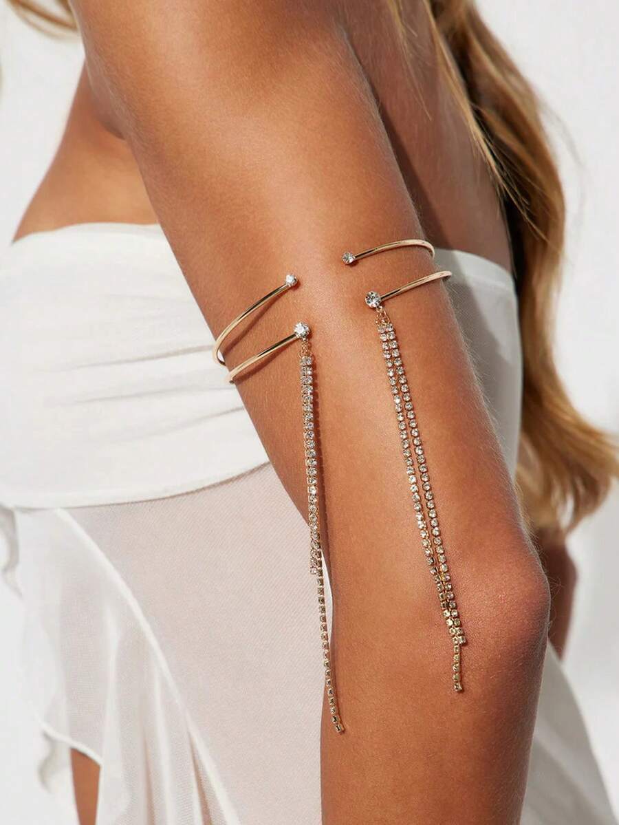 1pc Fashionable Double-Layer Metal Arm Cuff Bracelet For Women, Rhinestone Tassel Chain Arm Jewelry, Party Accessory Gift