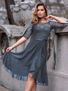 MIUSOL Floral Lace Boat Neck Half Sleeve Chiffon Ruffle Hem Prom Party Swing Dress, A-Line Dress, Offer Shoulder Dress, Wedding Guest Dress, Spring Dress, Mother's Day Dress - Grey - View 2