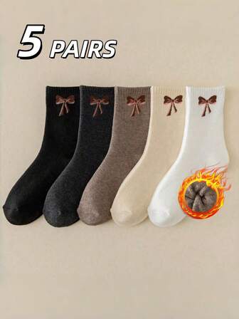 5 Pairs Women's Crew Socks With Bow Design, Fashion Casual Versatile High-Quality Soft Comfortable Moisture-Wicking Socks, Suitable For Parties And Gatherings