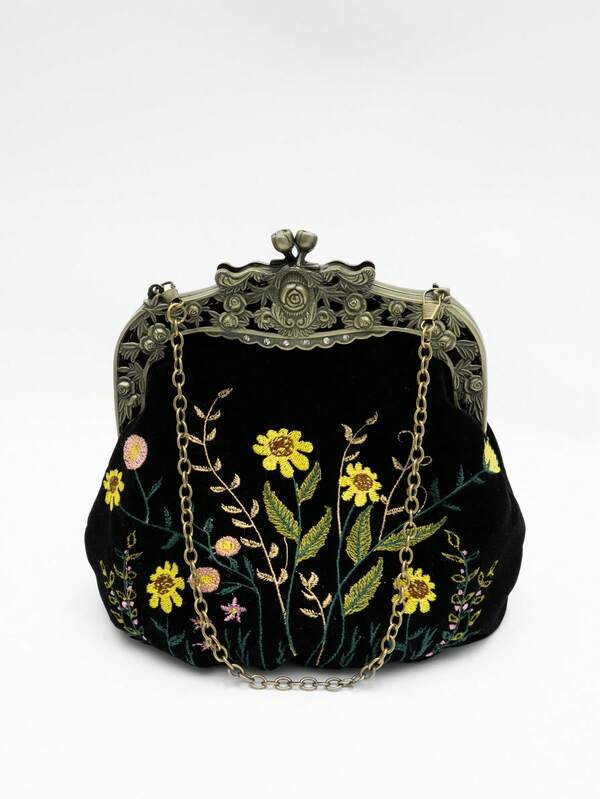 1 pezzo Pochette in velluto con ricamo floreale, con decorazione in cristallo intagliato a forma di rosa bronzo antico, stile vintage vittoriano anni '20, adatta per occasioni formali come feste, matrimoni, lauree, vacanze