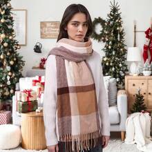 Bufanda de invierno para mujeres, bufandas de moda con sensación de cachemira a cuadros para mujeres, chales y envolturas de pashmina, bufanda larga tipo manta - Enrejado marrón y blanco - Ver 6