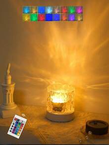 1 Pack Type C Round Night Light Crystal Table Lamp, USB Power Plug-In,Creative Bedside Lamp With Rotating Water Ripple Effect, Flame Atmosphere Lamp With 16 Color Diamond Effect And Remote Control Function, Bedroom Rgb Remote Control Night Light With Rotating Water Pattern Design, Suitable For Children's Rooms, Bedrooms, Hallways,