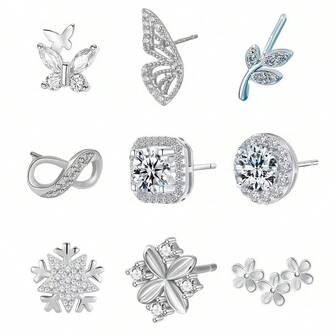 1pc S925 Sterling Silver Shiny Flower, Leaf, Butterfly, Snowflake, Clover Stud Earrings, Fashion Minimalist Elegant Multi-Element Earrings