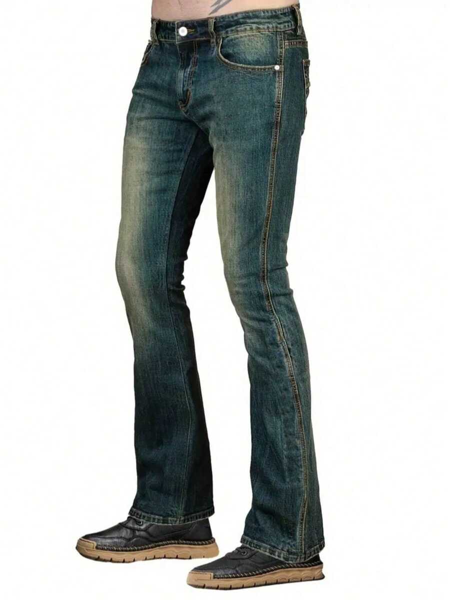 YANGCANREN Men's Fashionable Slim Fit Flared Stretch Jeans - Dark Green - View 1