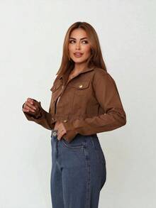 Cropped Denim Jacket With Hem, Women's Fashion - Brown - View 4