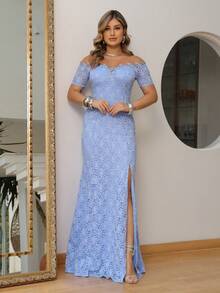 Long Off-The-Shoulder Party Dress In Shiny Lace - Baby Blue - View 1