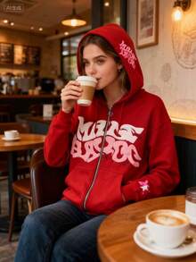 Men's And Women's Fashion Wear Group Men's Hip-Hop Foam Letter Print Hooded Zipper Sweater Christmas Match Women's Casual Top Cardigan Coat - 紅色 - 查看 2