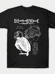 Men's Casual T-Shirt, 100% Cotton Crew Neck T-Shirt,  Anime T-Shirt - L Lawliet Japanese Text Graphic Tee, Relaxed Crew Neck Regular Fit Shirt For  Fans, Ryuk Anime Apparel - All Seasons Casual Wear (Black), Fan Merchandise, Pop Culture Clothing, Durable Print, Comfortable Fabric, Fandom Clothing, Streetwear Lovers Perfect Gift For Dad Or Friends, Sizes S-XXXL Christmass Gift - 黑色 - 查看 1