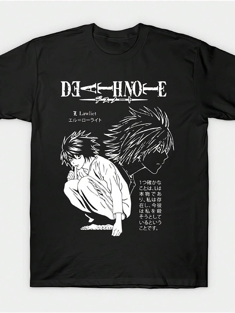 Men's Casual T-Shirt, 100% Cotton Crew Neck T-Shirt,  Anime T-Shirt - L Lawliet Japanese Text Graphic Tee, Relaxed Crew Neck Regular Fit Shirt For  Fans, Ryuk Anime Apparel - All Seasons Casual Wear (Black), Fan Merchandise, Pop Culture Clothing, Durable Print, Comfortable Fabric, Fandom Clothing, Streetwear Lovers Perfect Gift For Dad Or Friends, Sizes S-XXXL Christmass Gift - 黑色 - 查看 1