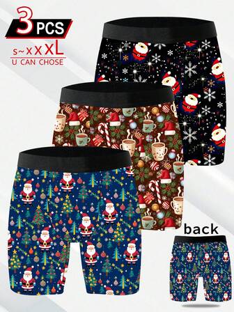 3 paquetes de pantalones cortos de novedad para hombres, con estampado de patrones navideños, de fibra de poliéster, suaves y amigables con la piel, de secado rápido y transpirables, regalo de Navidad, calzoncillos tipo bóxer largos traviesos y lindos para el ocio en casa de los hombres