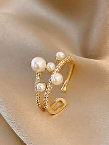 Wedding Jewelry Pearl, Double-Layered Rhinestone-Studded, Asymmetric, Adjustable Bride/Bridesmaid Open Ring, Also Suitable For Dating Or Couples Elegant - 金子 - 查看 2