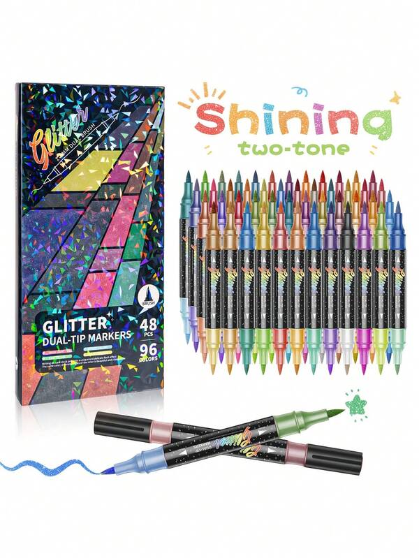 96 Colors Dual-Tip Glitter Markers - Metallic & Fine-Tip Watercolor Pens With Vibrant Colors, Ideal For DIY Crafts, Greeting Cards, Mugs, Wooden Decorations, Sketching & Professional Art, Craft Supplies, Artistic Drawing, Metallic Finish, Durable Markers, School Supplies, Marker Set, Coloring Markers