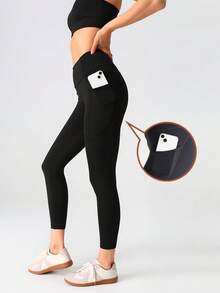 With Pockets - Stretch Four Seasons Sports Compression Leggings - Women's High Waist Yoga Pants, Solid Color Polyester Knitted Fabric, Sports Style, High Stretch Adult Running Leggings - 黑色 - 查看 3