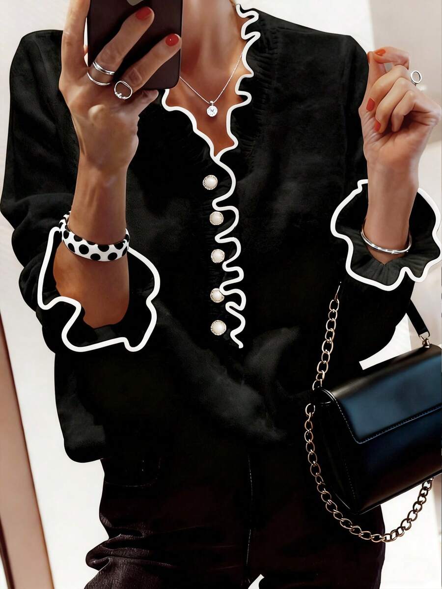 Áo len chui đầu cổ chữ V tay dài màu đen viền nấm thời trang thu đông mới cho nữ thanh lịch và thoải mái và sang trọng - màu đen - Xem 1