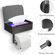 GALASALA Porta Rollos Papel de Baño de Acero Inoxidable SUS304, Soporte con Recipiente de Almacenamiento y Dos Ganchos Adicionales, sin Necesidad de Taladro, Fácil Instalación - Plata - Negro - Ver 12