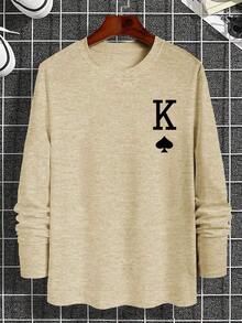 Men'S Round Neck Printed Long-Sleeved T-Shirt, Men's Playing Card Print Round Neck Long Sleeve T-Shirt Men Long Sleeve Tee King Outfit For Men Khaki Men Men Full Sleeve Tshirt Men King Shirt - 卡其色 - 查看 3
