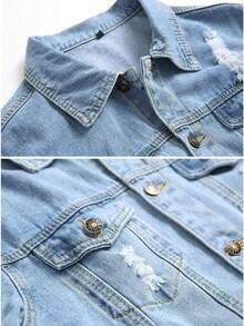 Classic Men's Denim Jacket Retro Men's Ripped Casual Denim Jacket Turn-Down Collar Single-Breasted Men's Denim Coat - 淺色水洗藍 - 查看 3