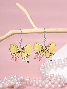A Pair Of Teacher's Day Pencil Element Bowknot Shaped Acrylic Women's Earrings Suitable For The Back To School Season And The Beginning Of The School Season, Jewelry Gifts