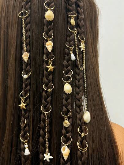 24个男女通用金色贝壳发夹，朋克合金发圈，适合编发，女士日常发饰，夏季海滩度假发型装饰，开斋节/母亲节派对发圈礼盒套装