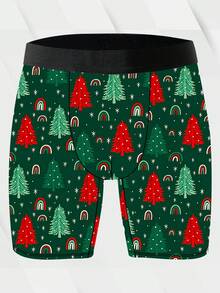 Naughty And Cute Home Leisure Men's Long Boxer Briefs, Milk Silk Knitted Fabric, Soft And Skin-Friendly, Quick-Drying And Breathable, Christmas Tree Pattern Print, Christmas Gift, 1 Pack Men's Novelty Shorts