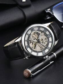 LONGLUX 1 pieza Reloj de hombre con correa impermeable, movimiento mecánico automático hueco, números romanos, regalo para ocasiones especiales - Negro - Ver 6