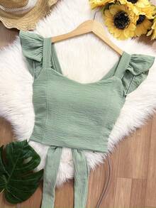 Yiang Cropped Blouse With Padding And Back With Dune Fabric Tie - Mint Green - View 3