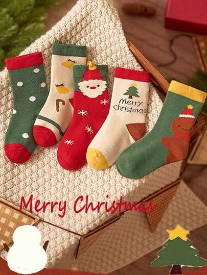 5 Pairs Kids/Toddlers Christmas Socks, Cartoon Christmas Gift Crew Socks For Boys & Girls