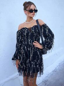 Joyfunear Women's Fringe & Sequin Embellished Off Shoulder Long Sleeve Dress, Suitable For Spring, Summer, Autumn, Winter - Black - View 5